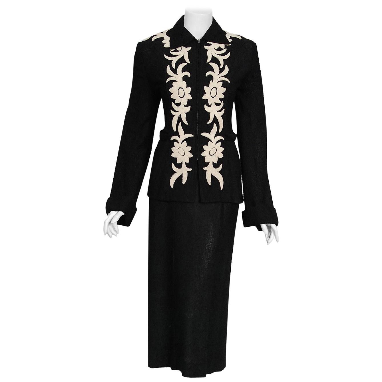 1930's Black & White Deco Floral Chenille Boucle-Wool Belted Sweater Dress Set