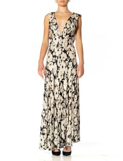 1930S Black & White Silk Satin Bias Cut Gown