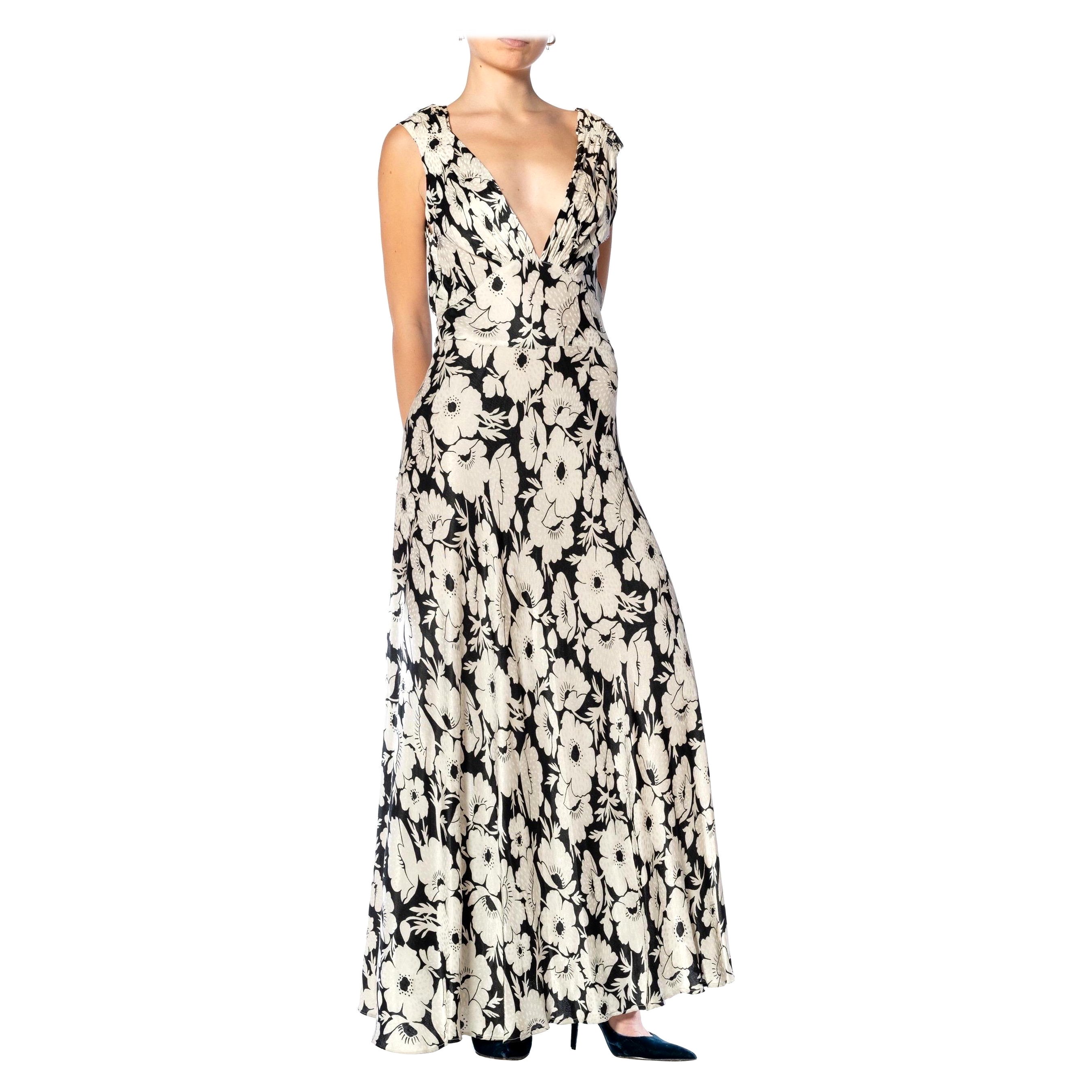 1930S Vestido de satén de seda blanco y negro cortado al bies