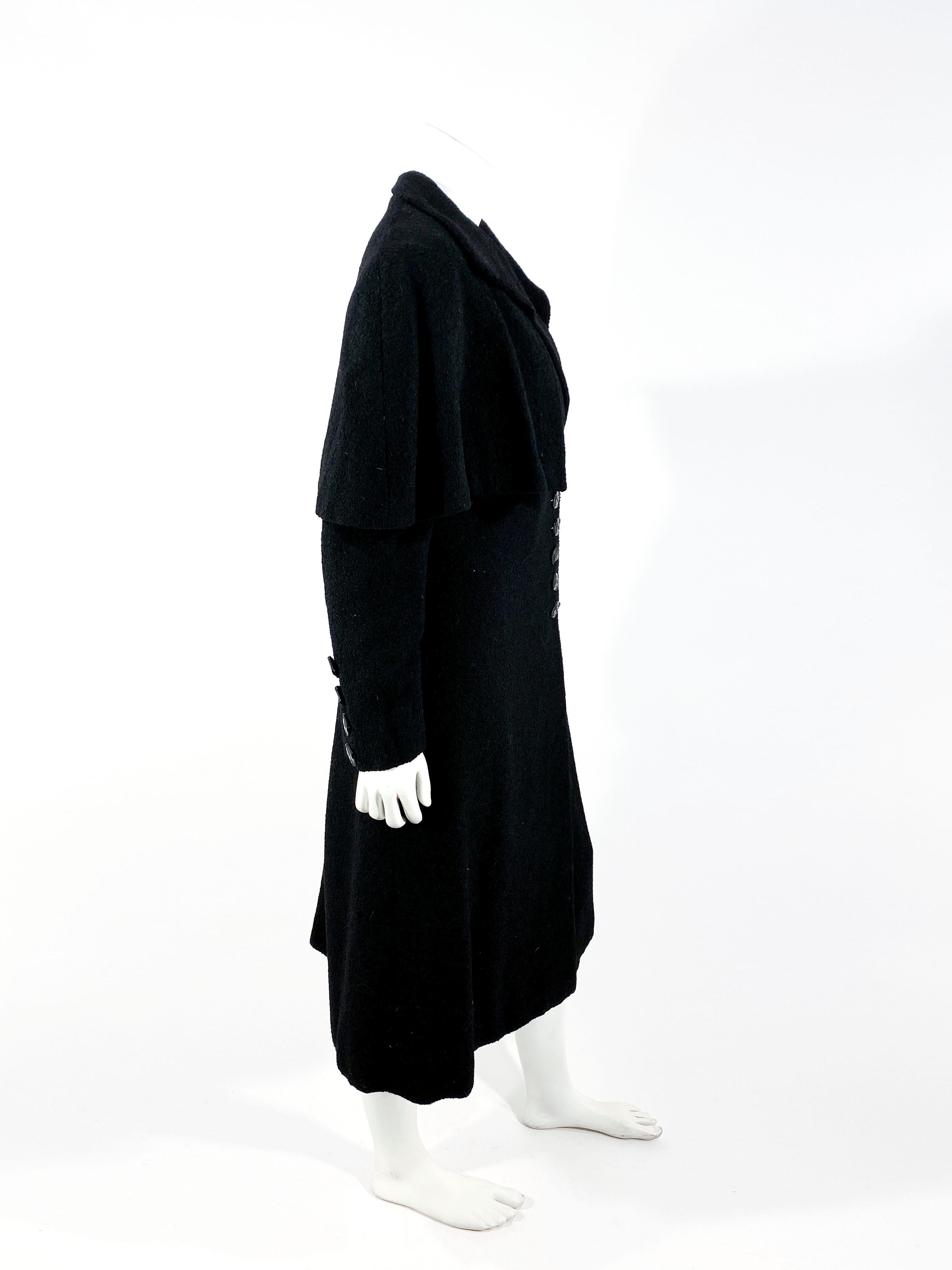 1930s Black Wool Coat with Button Accents and Capelet In Good Condition For Sale In San Francisco, CA