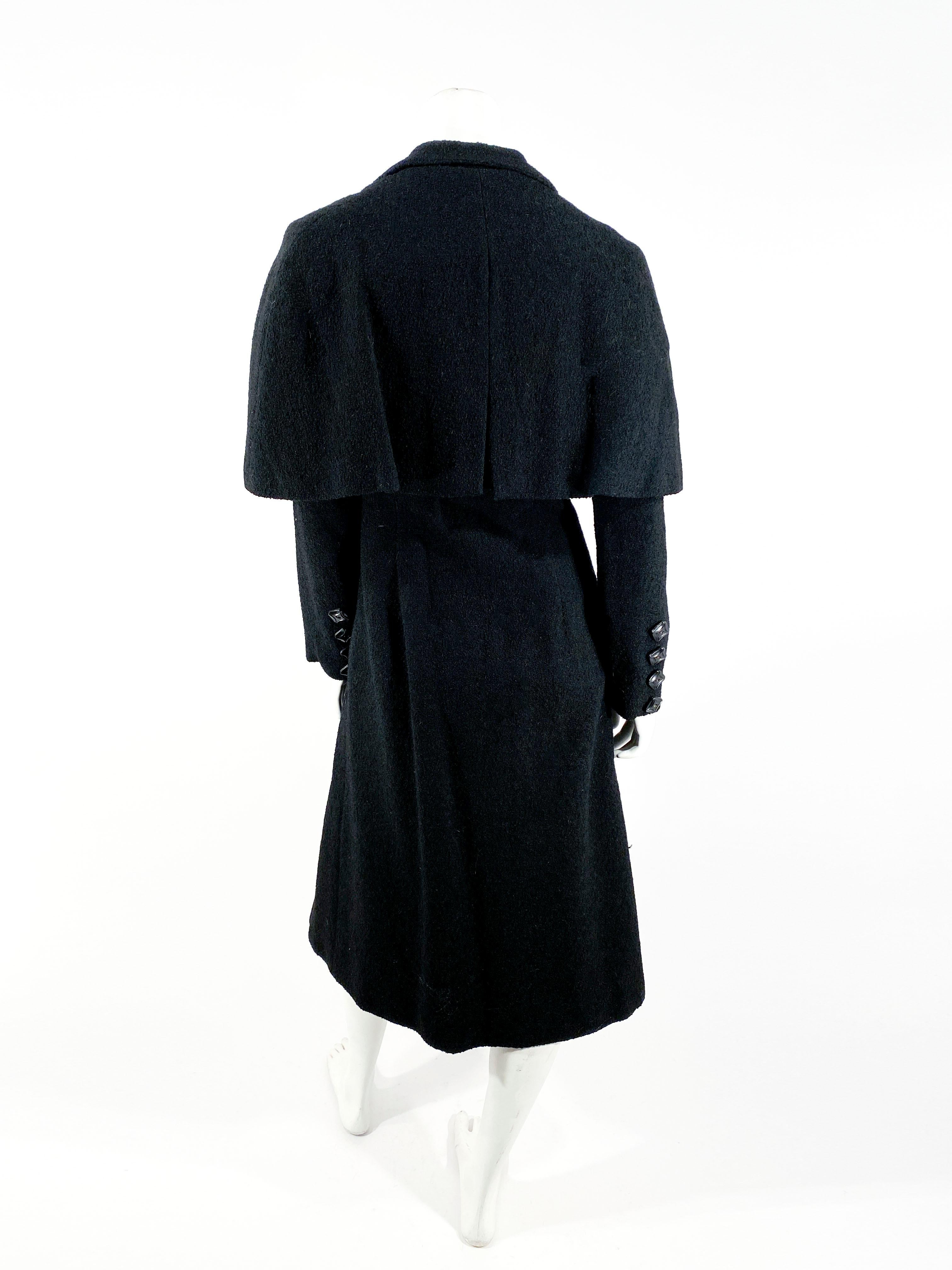 Women's 1930s Black Wool Coat with Button Accents and Capelet For Sale