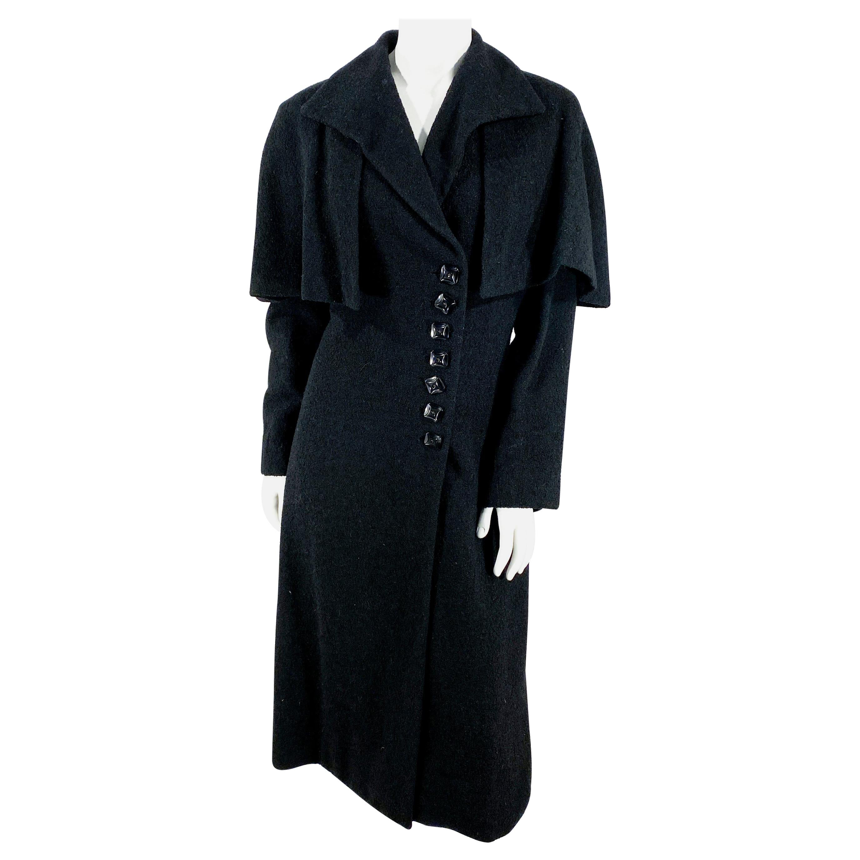 1930s Black Wool Coat with Button Accents and Capelet For Sale