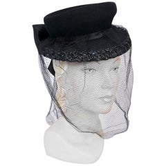 1930's Black Wool Perch Hat with Raffia Trimmed Brim and Full Veil