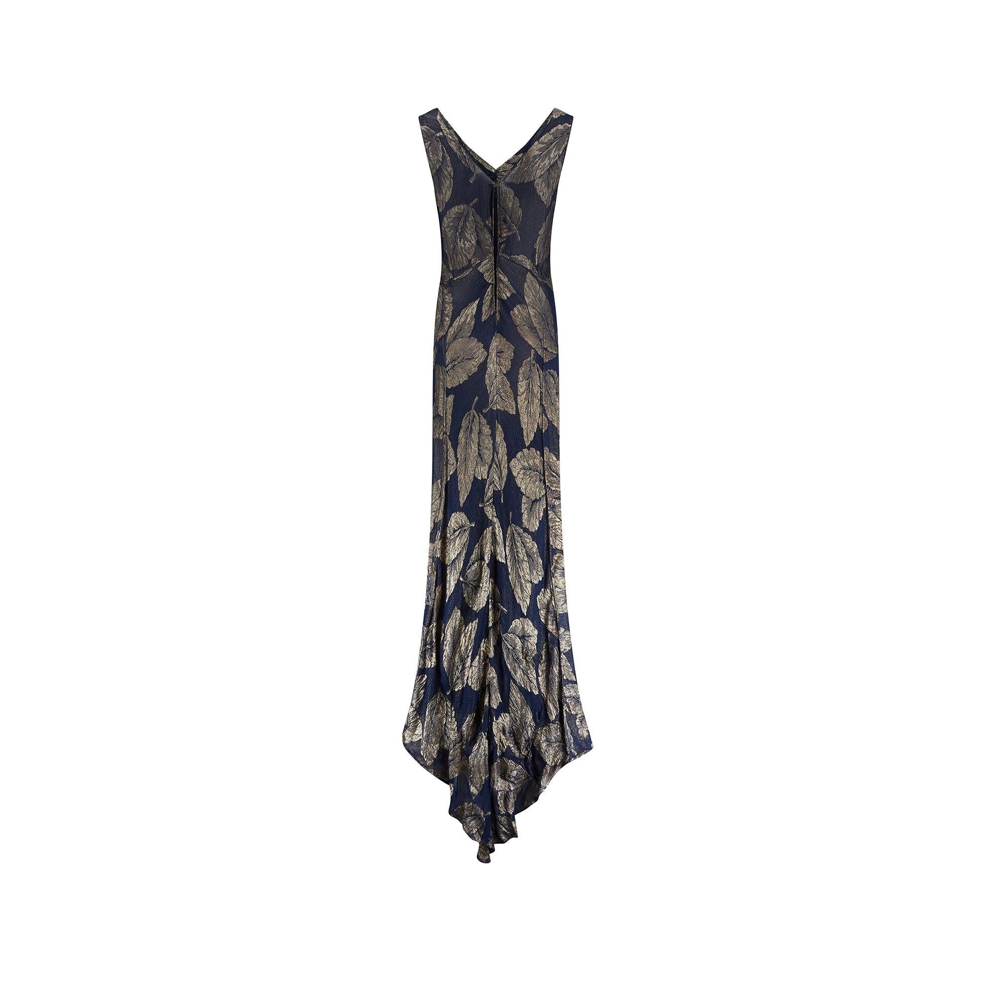1930er Jahre Blau und Gold Blatt Druck Lame Kleid im Zustand „Hervorragend“ im Angebot in London, GB