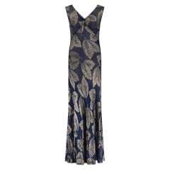 1930s Blue and Gold Leaf Print Lame Dress