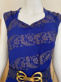 1930s Blue and Silver Metallic Crepe Bias Cut Dress