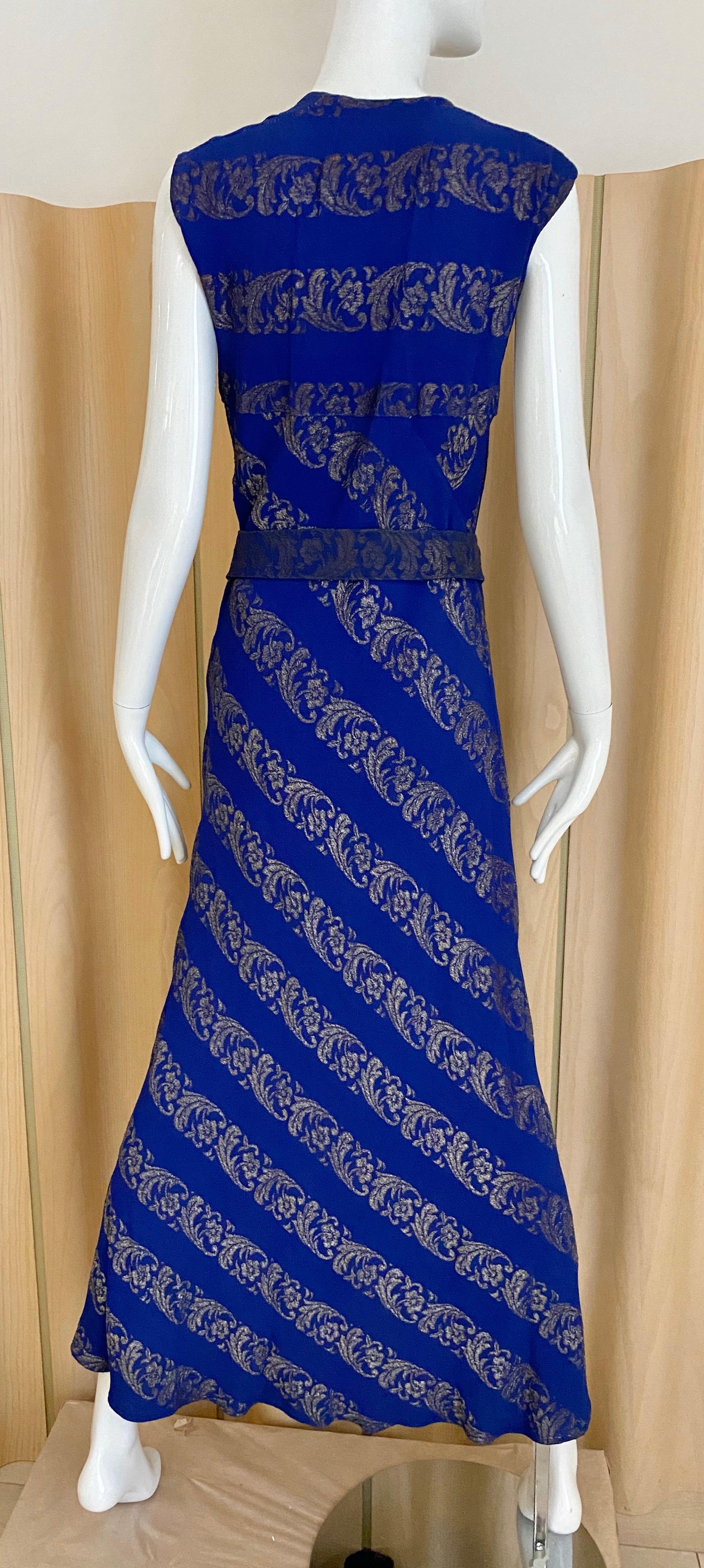 Purple 1930s Blue and Silver Metallic Crepe Bias Cut Dress  For Sale