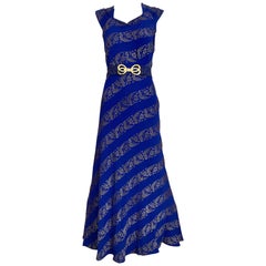 Blaues und silbernes, schräg geschnittenes Kleid aus Metallic-Krepp aus den 1930er Jahren 