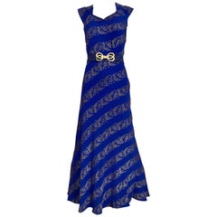 Abito anni '30 in crepe metallizzato blu e argento con taglio in sbieco