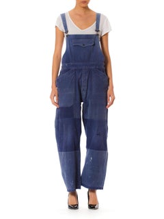 1930S Blue Cotton Men's French Workwear Distressed Patchwork Overalls