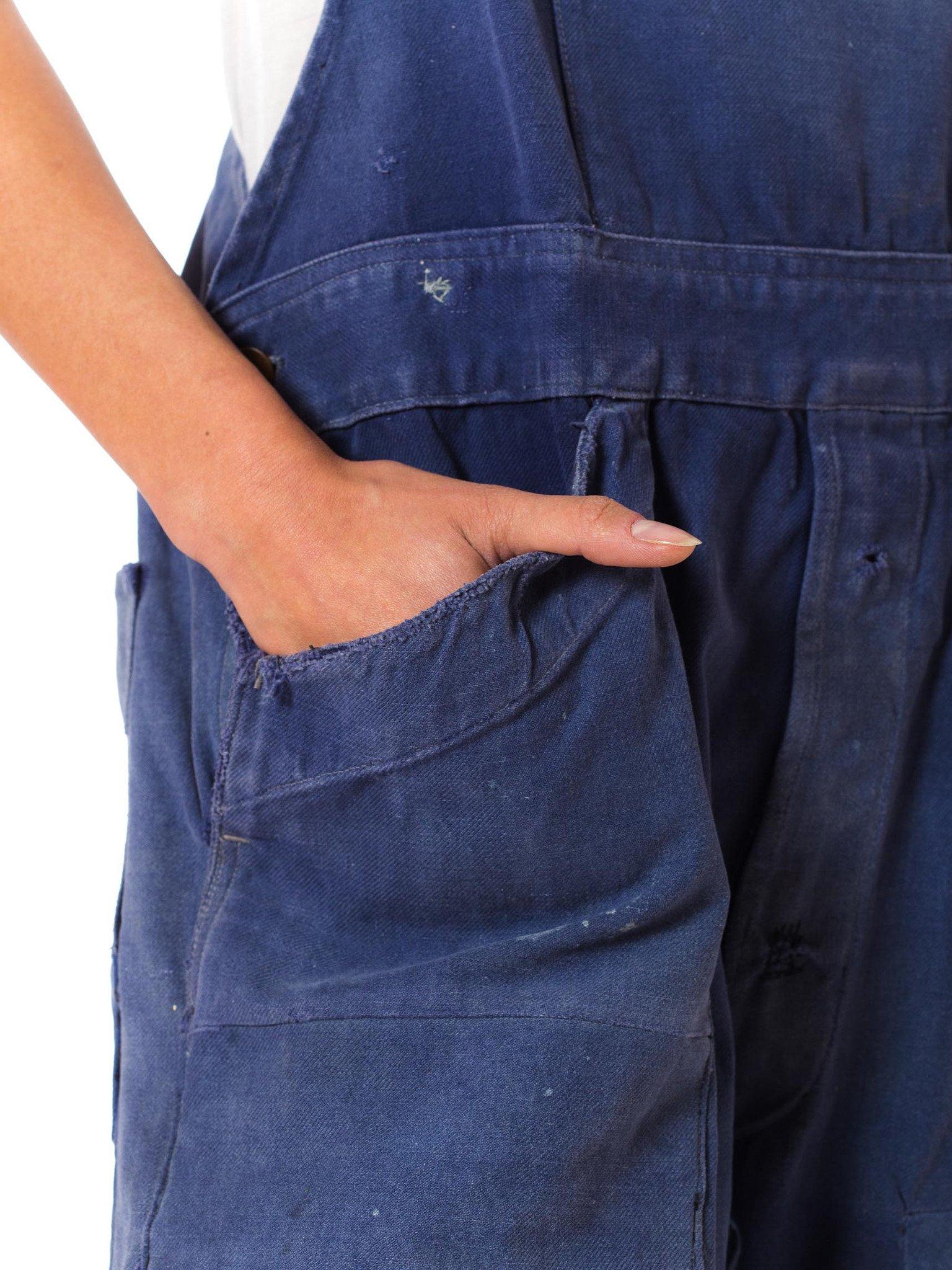 1930S Blue Cotton Men's French Workwear Distressed Patchwork Overalls In Excellent Condition In New York, NY