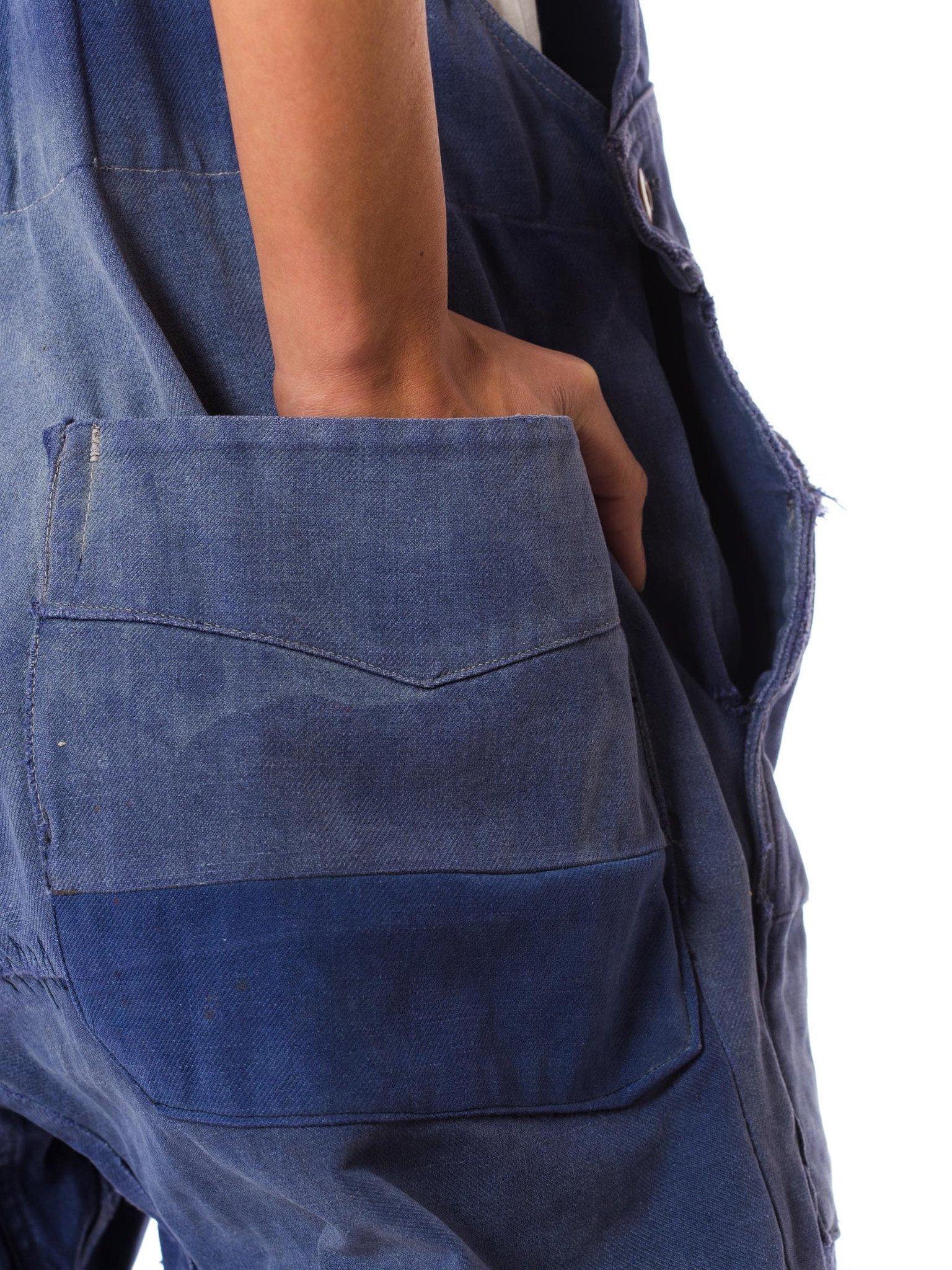 1930S Blue Cotton Men's French Workwear Distressed Patchwork Overalls 1