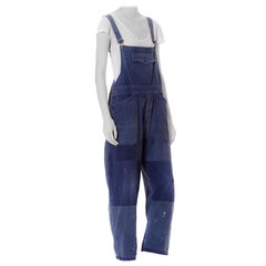 1930S Blau Baumwolle Männer Französisch Arbeitskleidung Distressed Patchwork Overalls