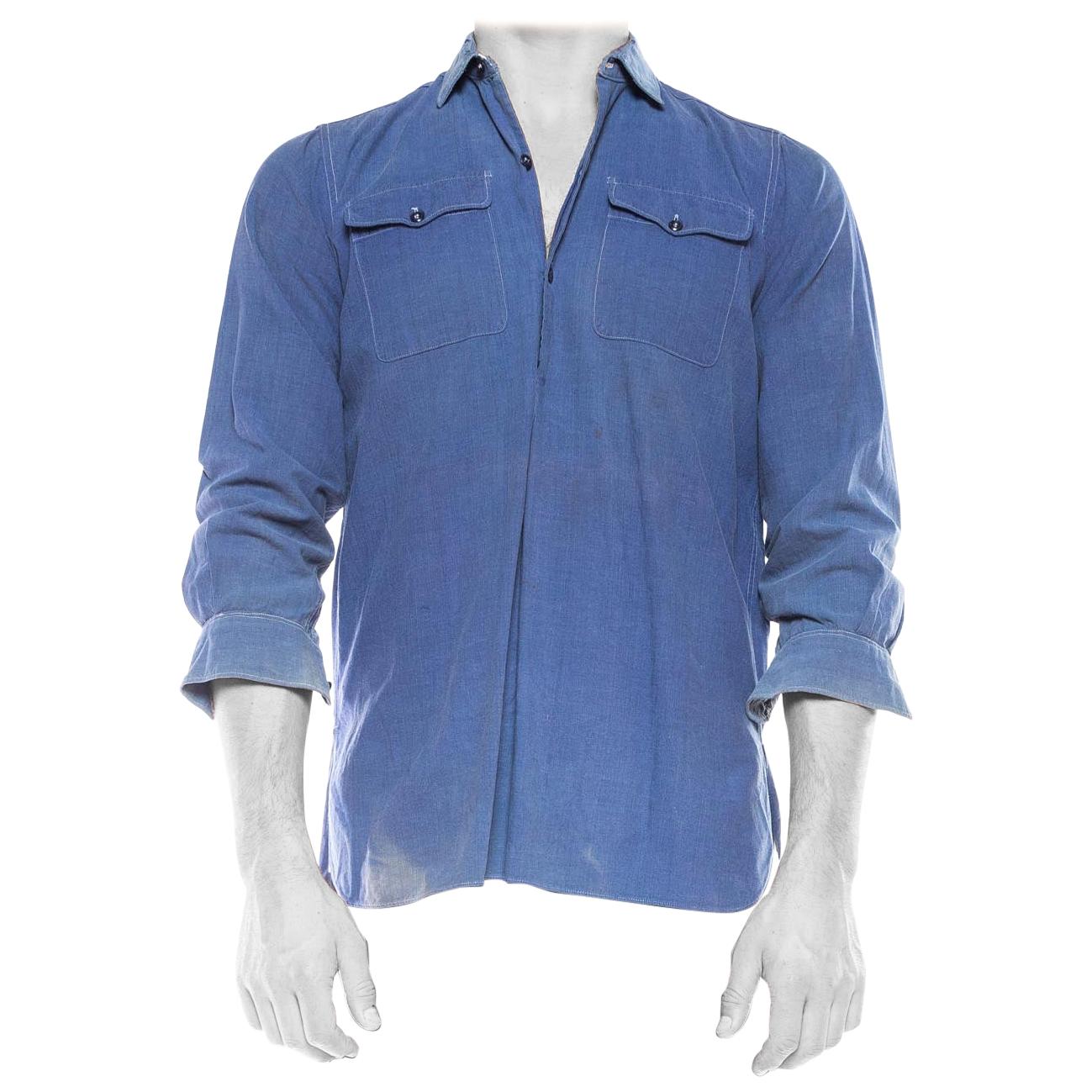 1950S Blue  Cotton Men's Workwear Pullover Shirt With Patch Pockets For Sale