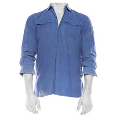 1950S Blue  Cotton Men's Workwear Pullover Shirt With Patch Pockets