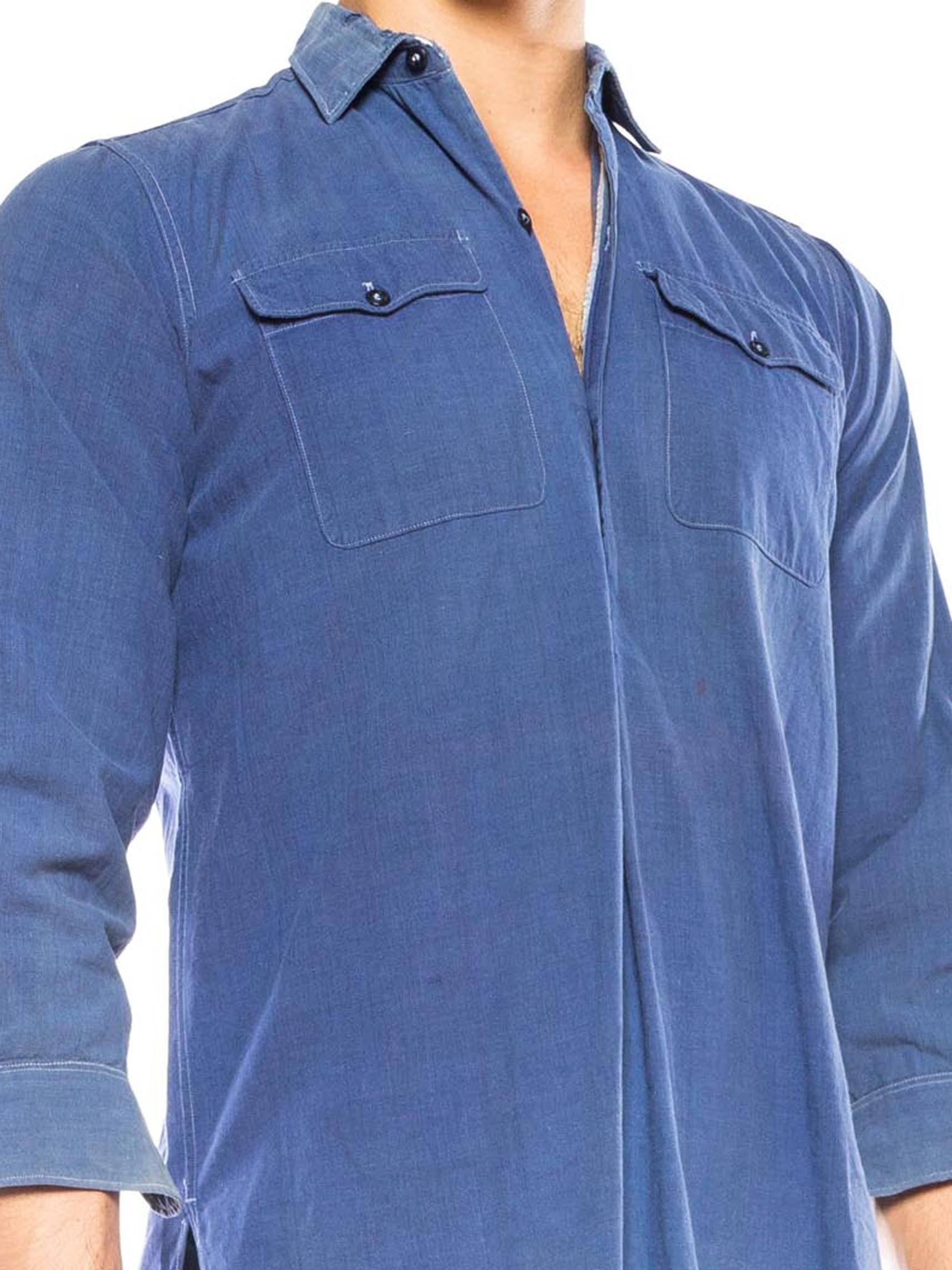 1950S Blau  Baumwoll-Pulloverhemd für Männer mit aufgesetzten Taschen