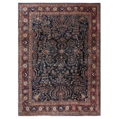 1930s Blue Fine Floral Pattern Antique Sarouk Farahan Knotted Wool Rug Carpet