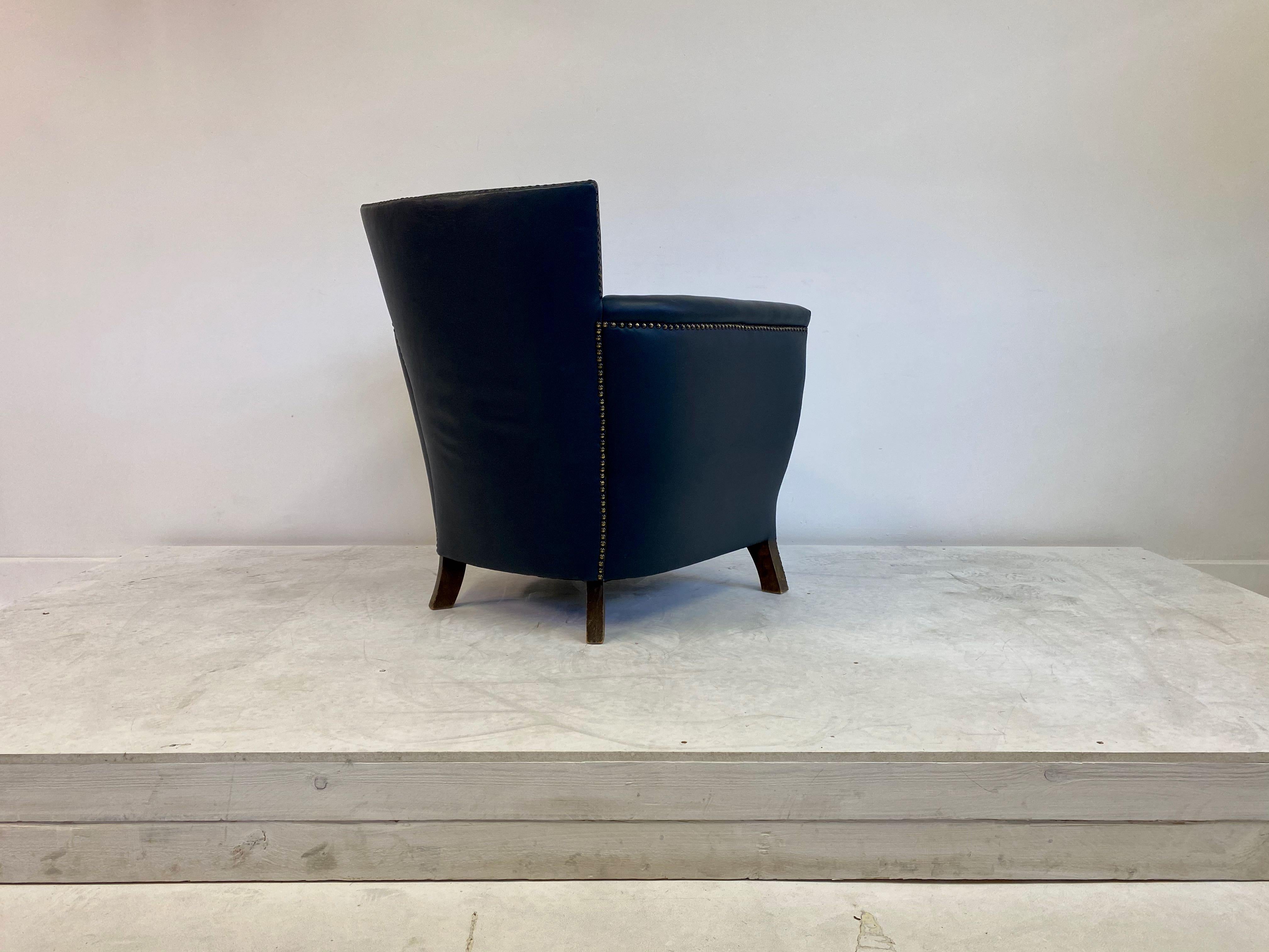 1930s Blue Leather Swedish Armchair by Otto Schulz 1