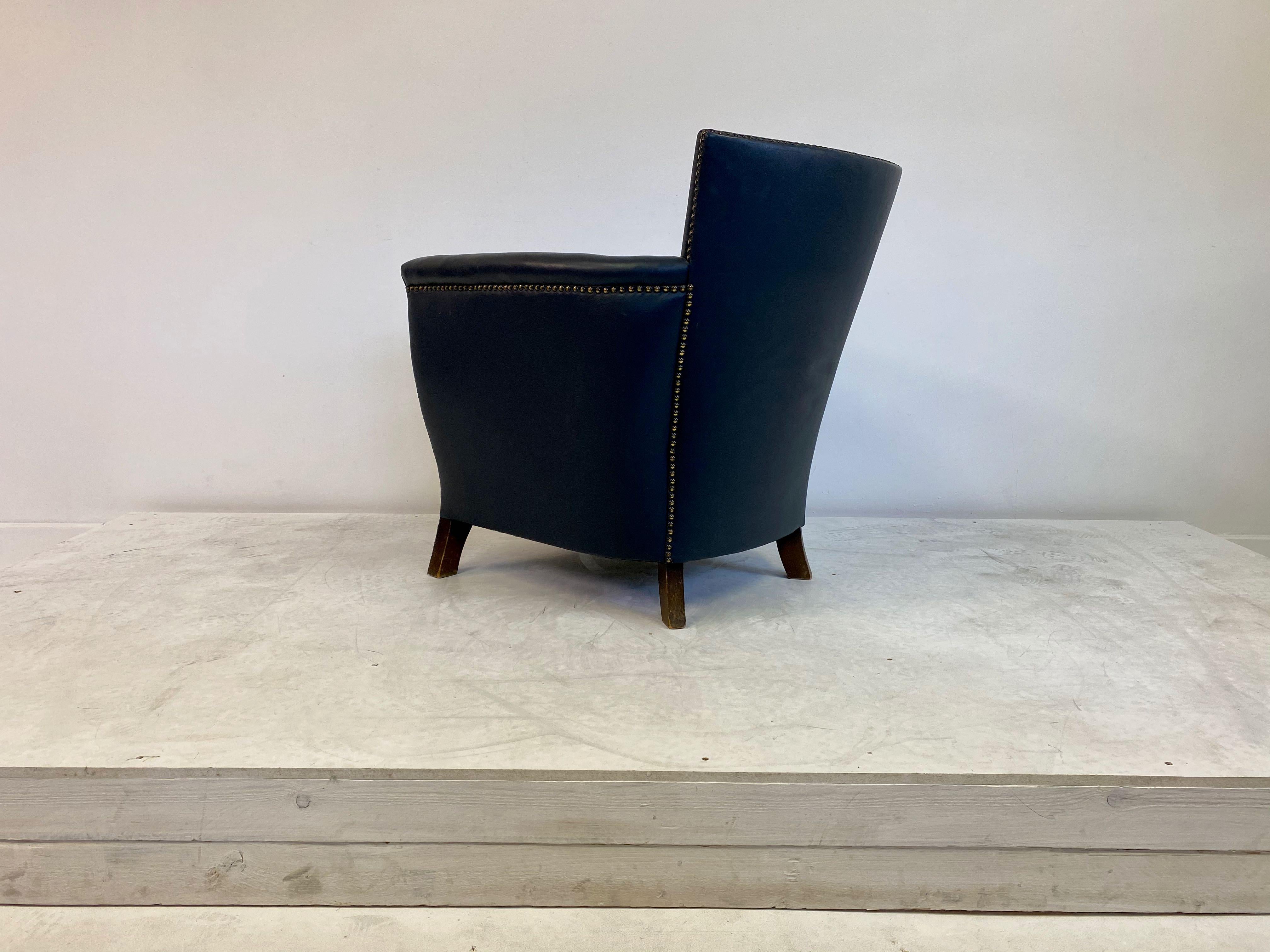 1930s Blue Leather Swedish Armchair by Otto Schulz 2