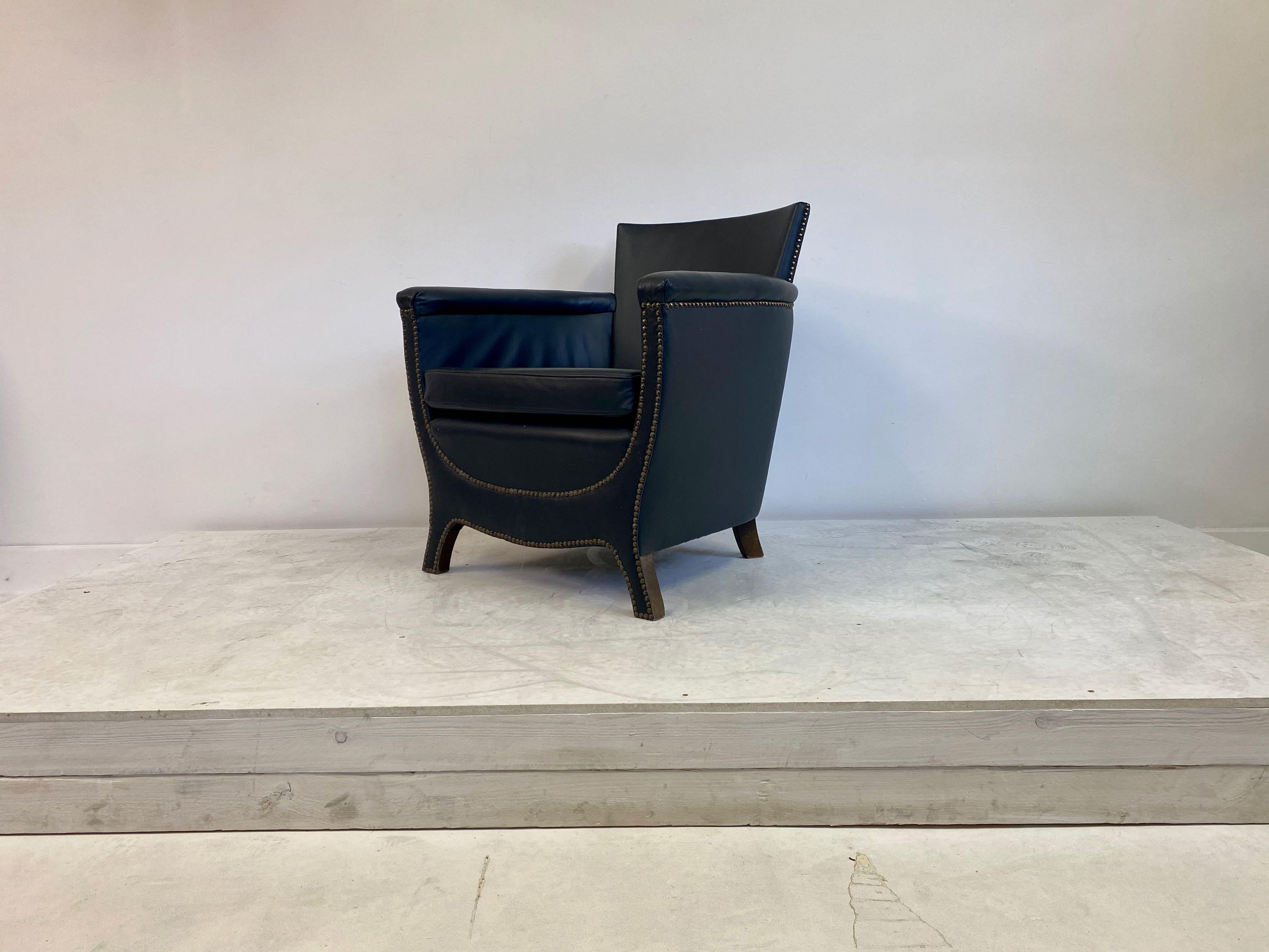1930s Blue Leather Swedish Armchair by Otto Schulz 3