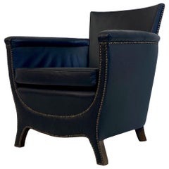 1930s Blue Leather Swedish Armchair by Otto Schulz