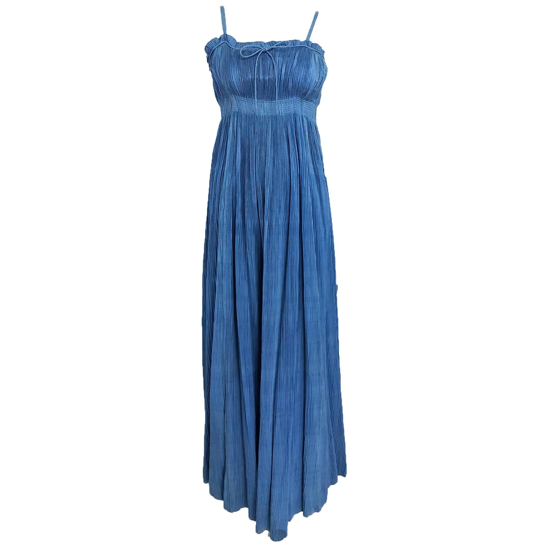 1930s Blue Pinch Pleated Raw Silk Couture Evening Gown Vintage