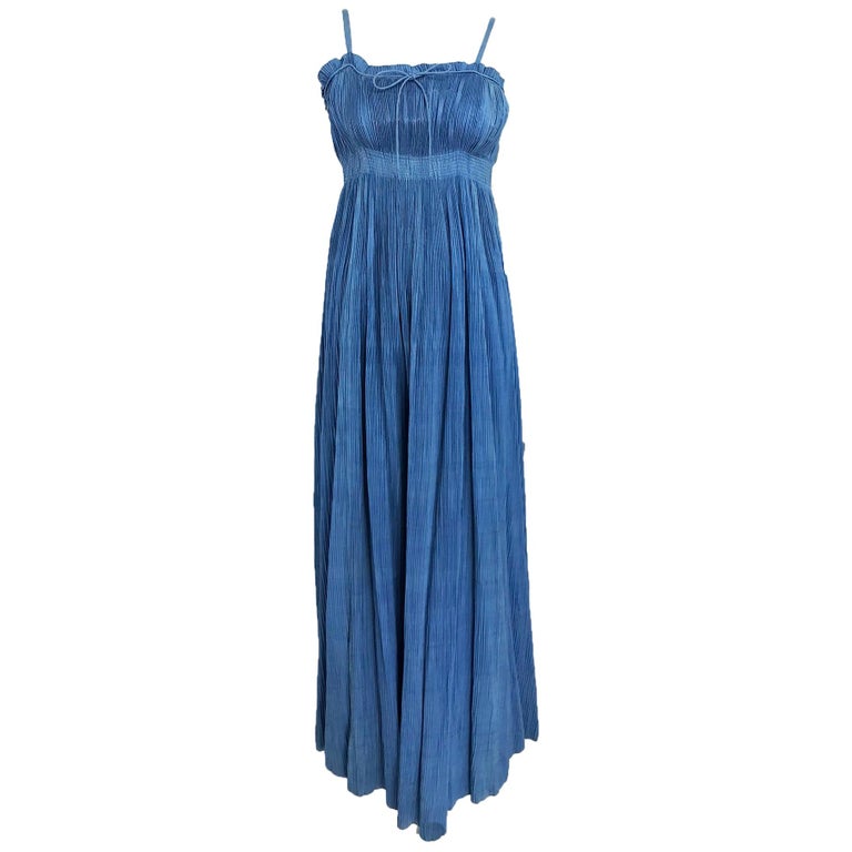 1930s Blue Pinch Pleated Raw Silk Couture Evening Gown Vintage For Sale ...