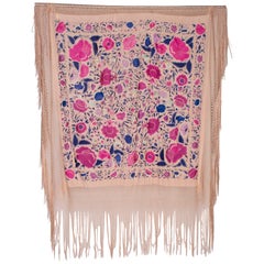 1930S Blue & Purple Silk Hand Embroidered Piano Shawl