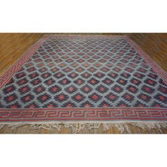 1930s Blue Rustic Tribal Geometric initials “KDP" Antique Indian Dhurrie Rug