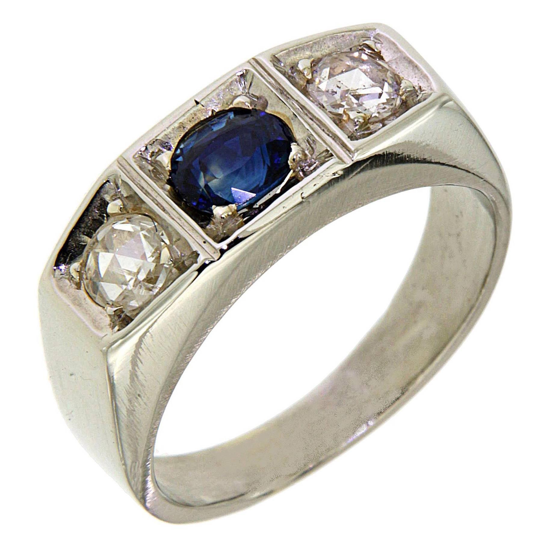 1930s Blue Sapphire Diamonds White Gold Band Ring Made in Italy