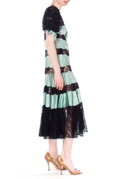 1930S Mint Blue & Black Silk Satin Lace Dress With Bows As-Is