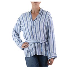 Vintage 1930S Blue & White Cold Rayon Striped Pajama Top With Belt
