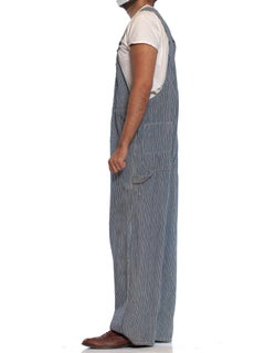 1930S Blue & White Cotton Men's Distressed Railroad Stripe Denim Overalls