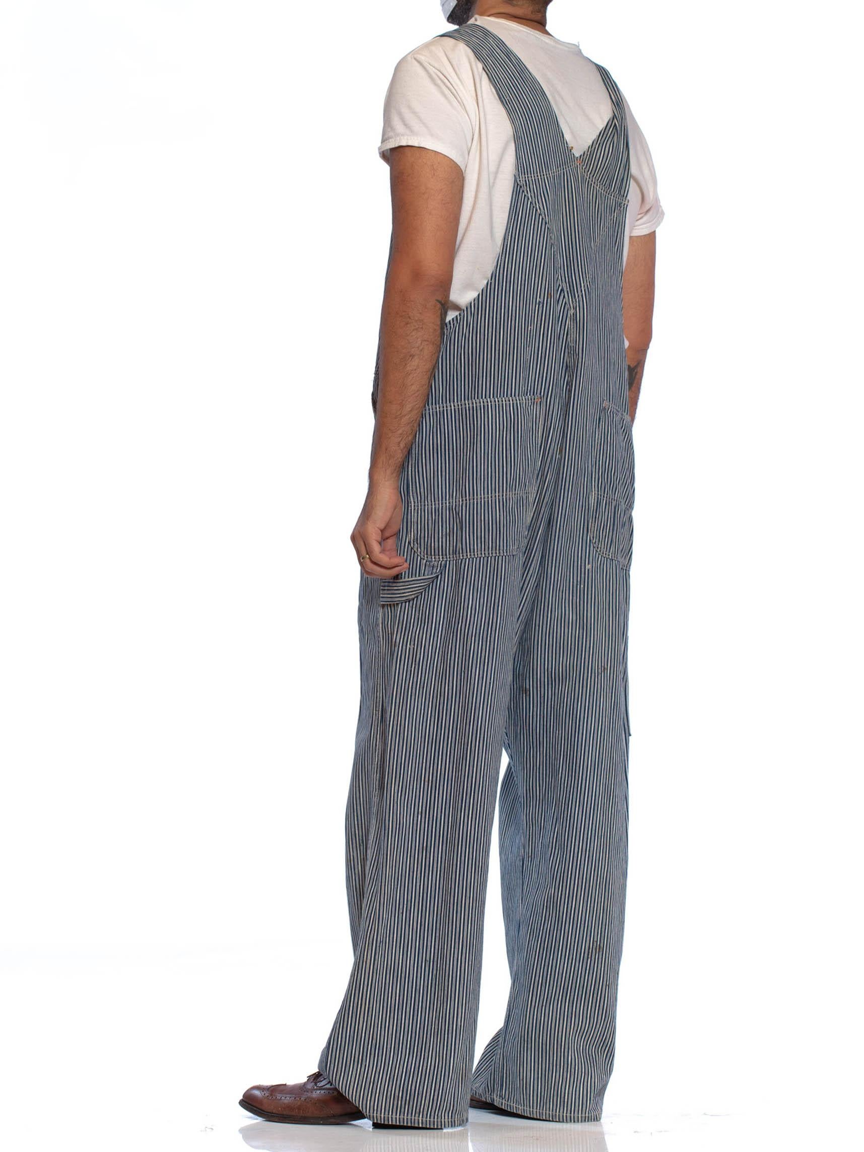 Gray 1930S Blue & White Cotton Men's Distressed Railroad Stripe Denim Overalls