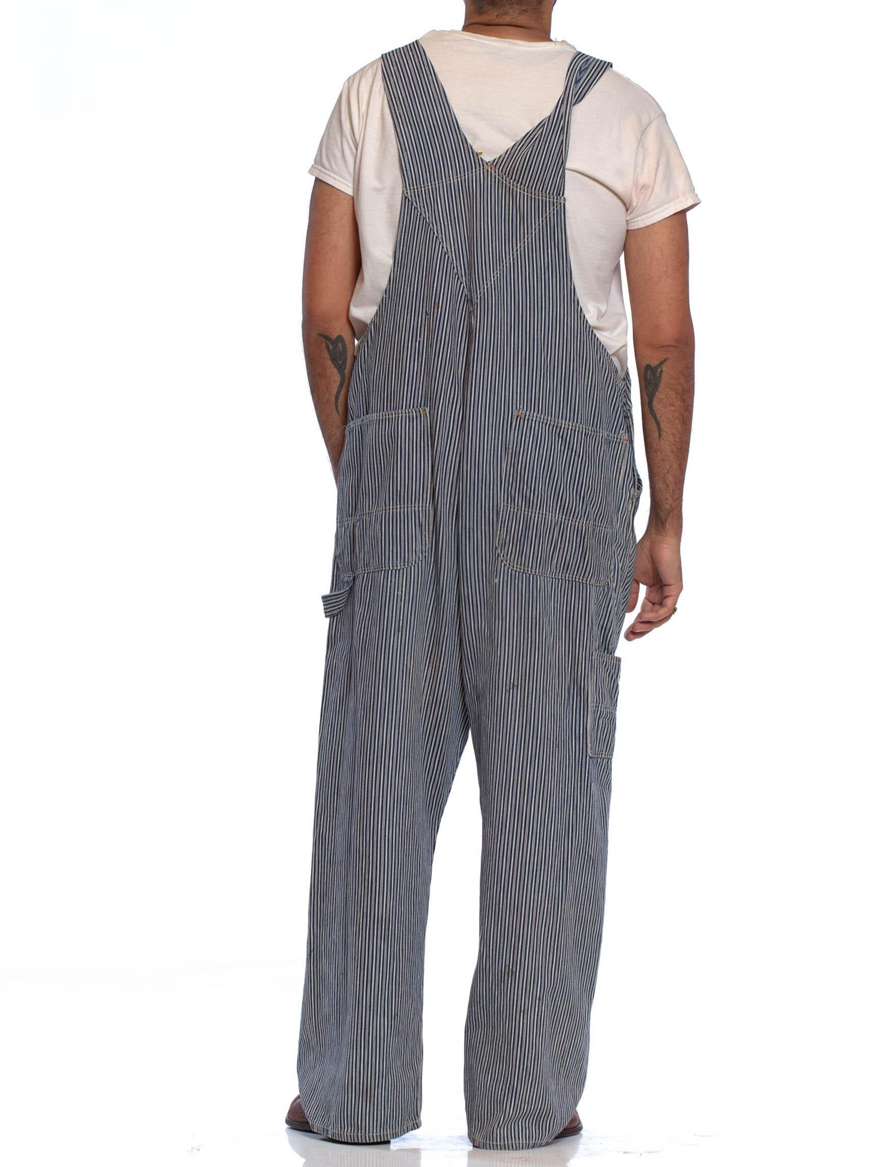 1930S Blue & White Cotton Men's Distressed Railroad Stripe Denim Overalls 2