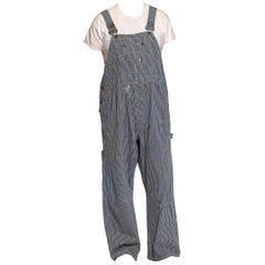 1930S Blue & White Cotton Men's Distressed Railroad Stripe Denim Overalls