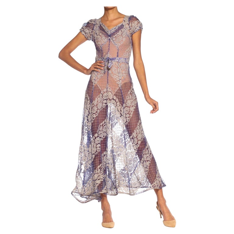1930S Blue and White Rayon Lace Art Deco Chevron Dress For Sale at 1stDibs