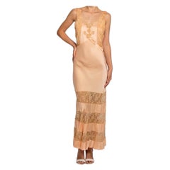 1930S Blush Pink Bias Cut Silk Charmeuse Negligee Beautifully Trimmed With Lace