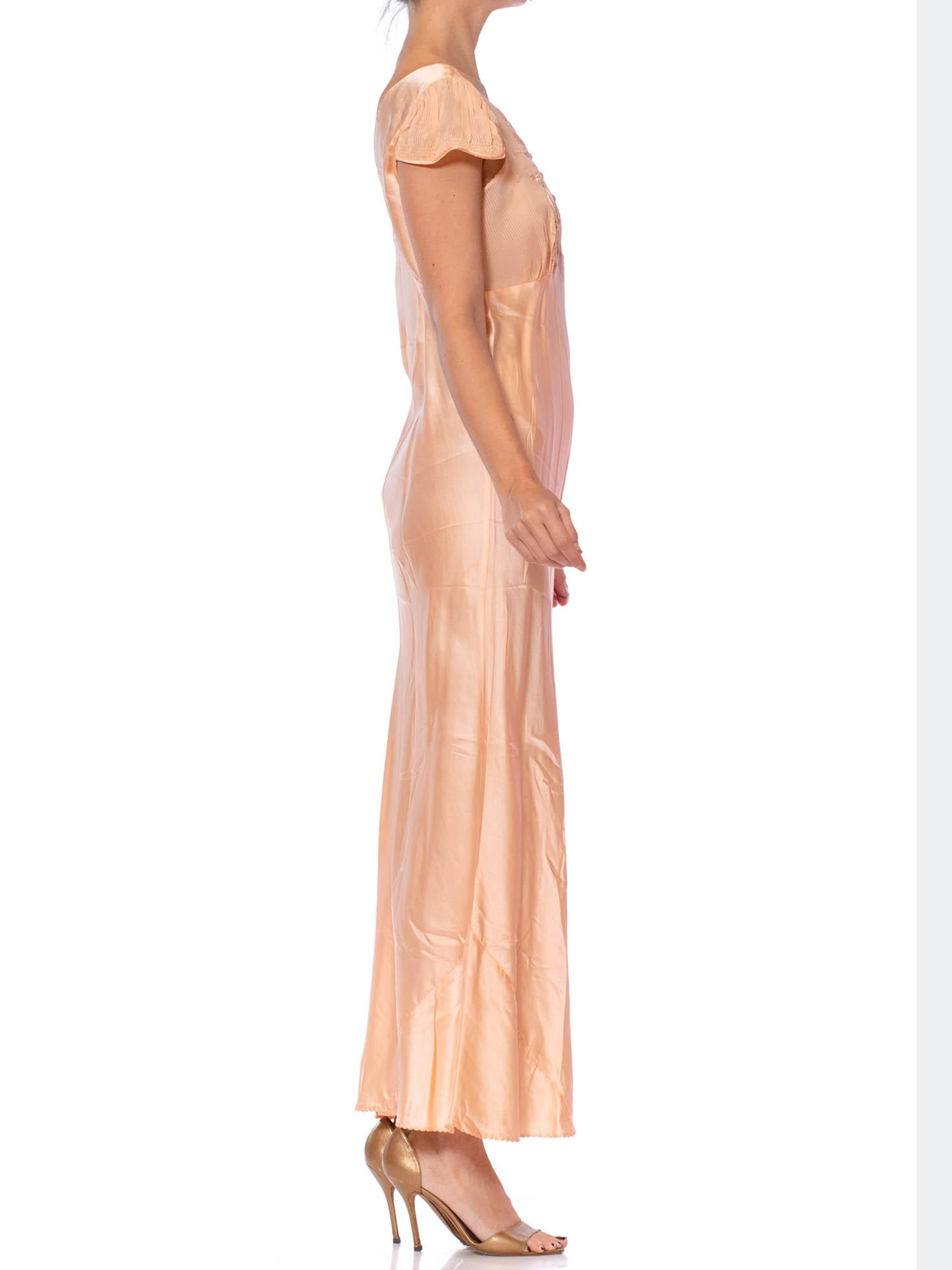 1930S Blush Pink Bias Cut Silk Charmeuse Slip DressNegligee With Sheer Embroider For Sale 3