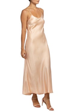 1930S Blush Pink Bias Cut Silk Charmeuse Slip With Hand Embroidered Scallop Trim