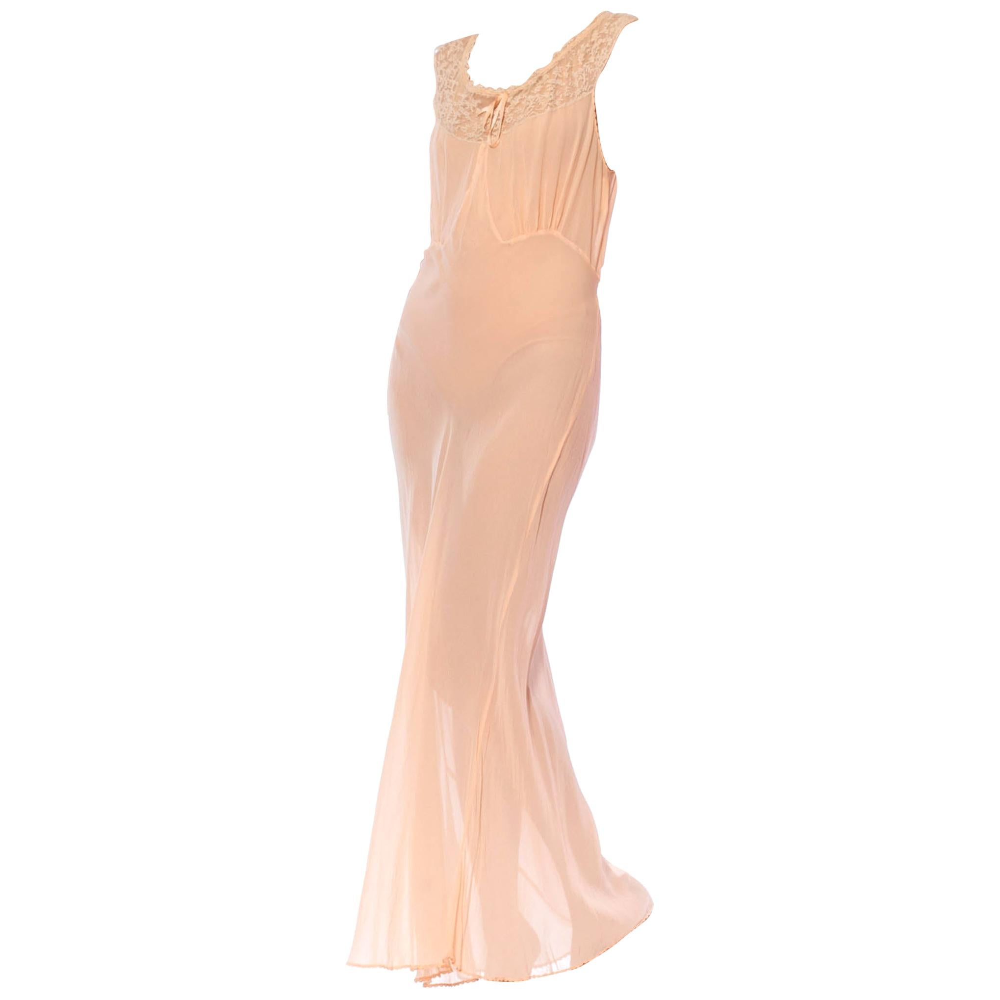 1930S Blush Pink Bias Cut Silk Chiffon Sheer Slip Dress DressNegligee With Dra For Sale