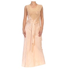 Vintage 1930S Blush Pink Bias Cut Silk & Hand Embroidered Lace Couture Grade Negligee