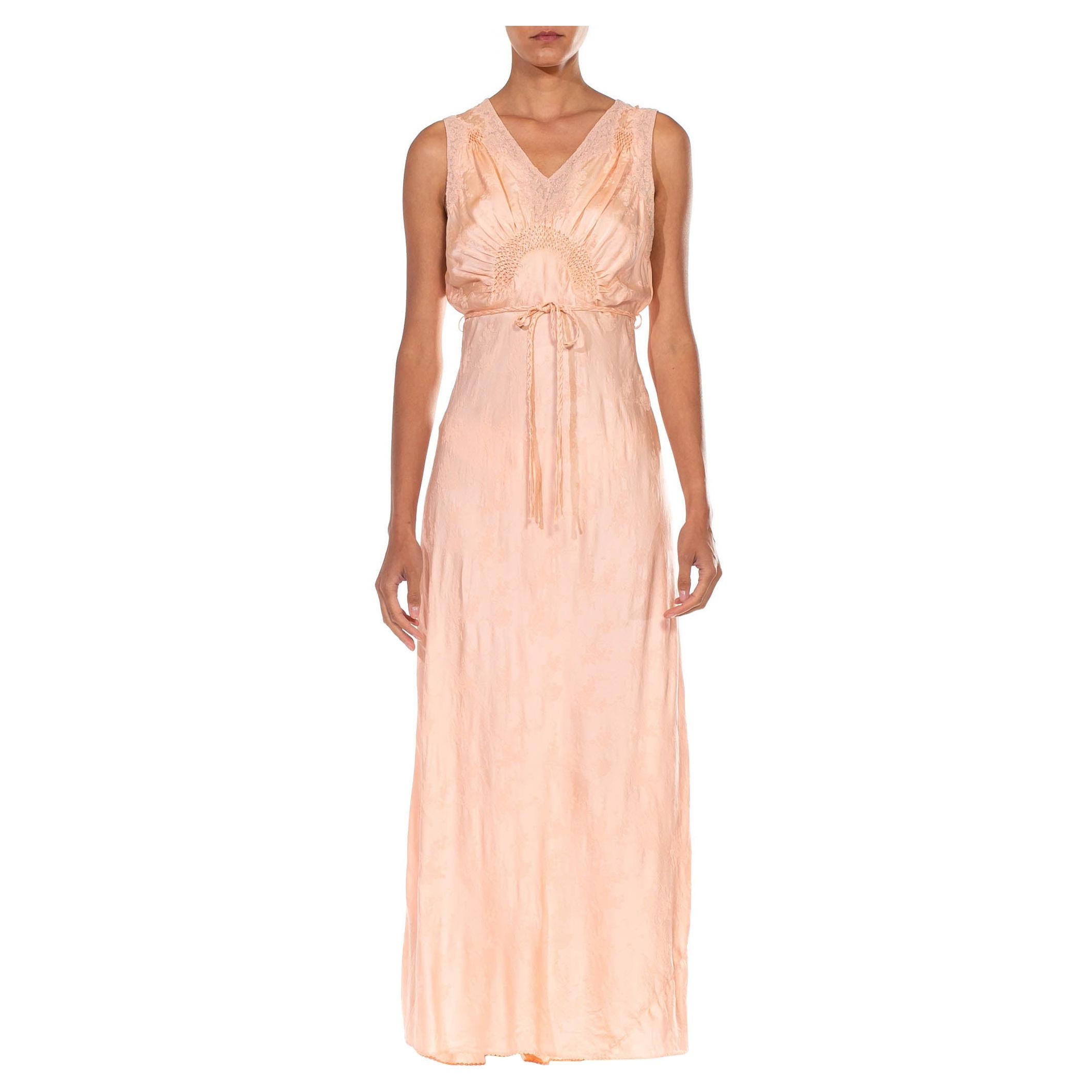 1930S Blush Pink Bias Cut Silk Jacquard Couture Hand_Embroidered Negligee Slip 