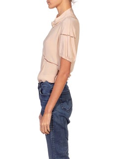 1930S Blush Pink Silk Crepe De Chine Short Sleeved Blouse With Couture Hand Det