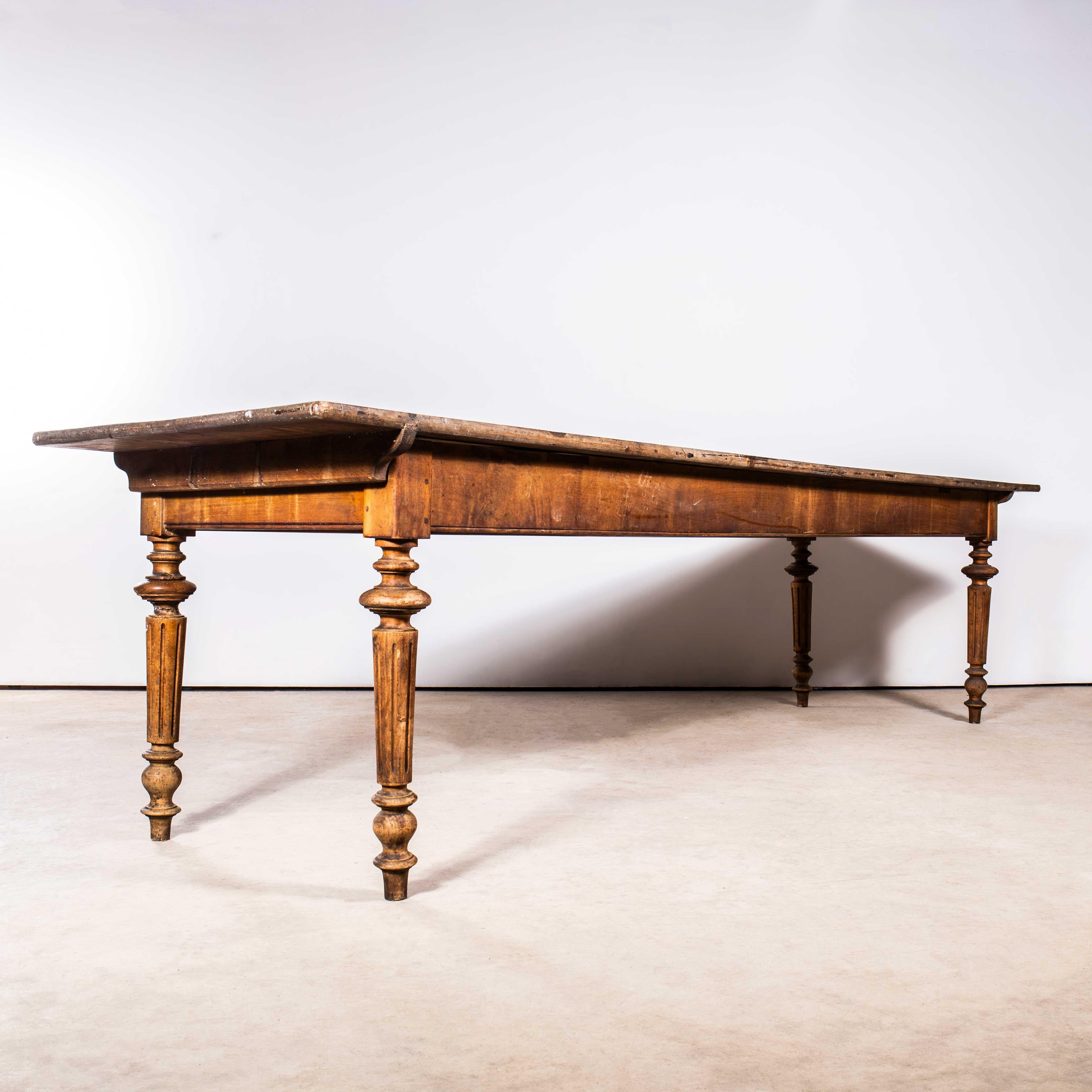 1930’s Bobbin Turned Large Chateau Dining Table – Three Metre. 

One of our most favourite tables, dating from the 1930’s and made entirely in solid fruitwood. The table has exceptional turned legs with reeded details, and the top is made from heavy
