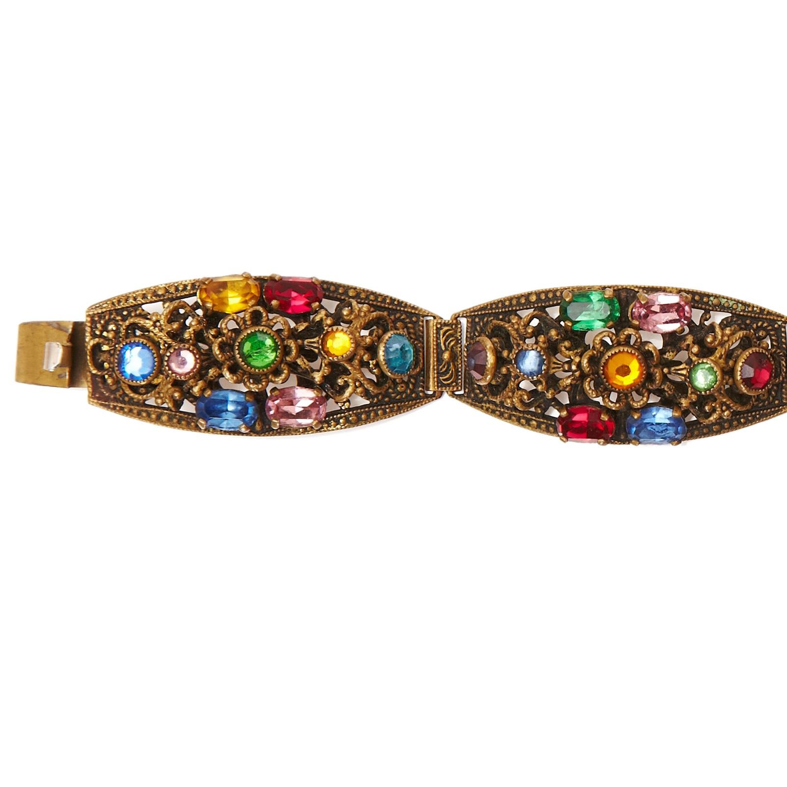 1930s Bohemian Multi-Coloured Czech Glass Gilt Metal Bracelet In Excellent Condition In London, GB