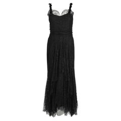 1930's Bonwit Teller Couture Black Scalloped Sheer Lace Appliqué Bias-Cut Gown