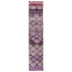 Vintage 1930s Borderless Narrow Turkish Oushak Runner, Purple Field, Diamond Pattern