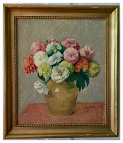 1930's Botanical Floral Vase Still Life Oil Painting on Canvas Zinnia Flowers
