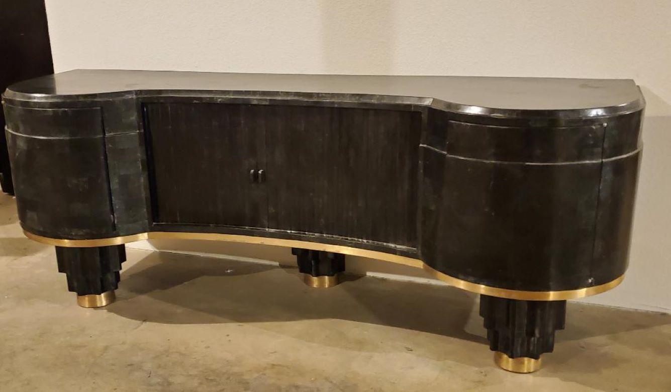 Art Deco 1930s Bow Front Tambour Door Credenza Tessellated Stone